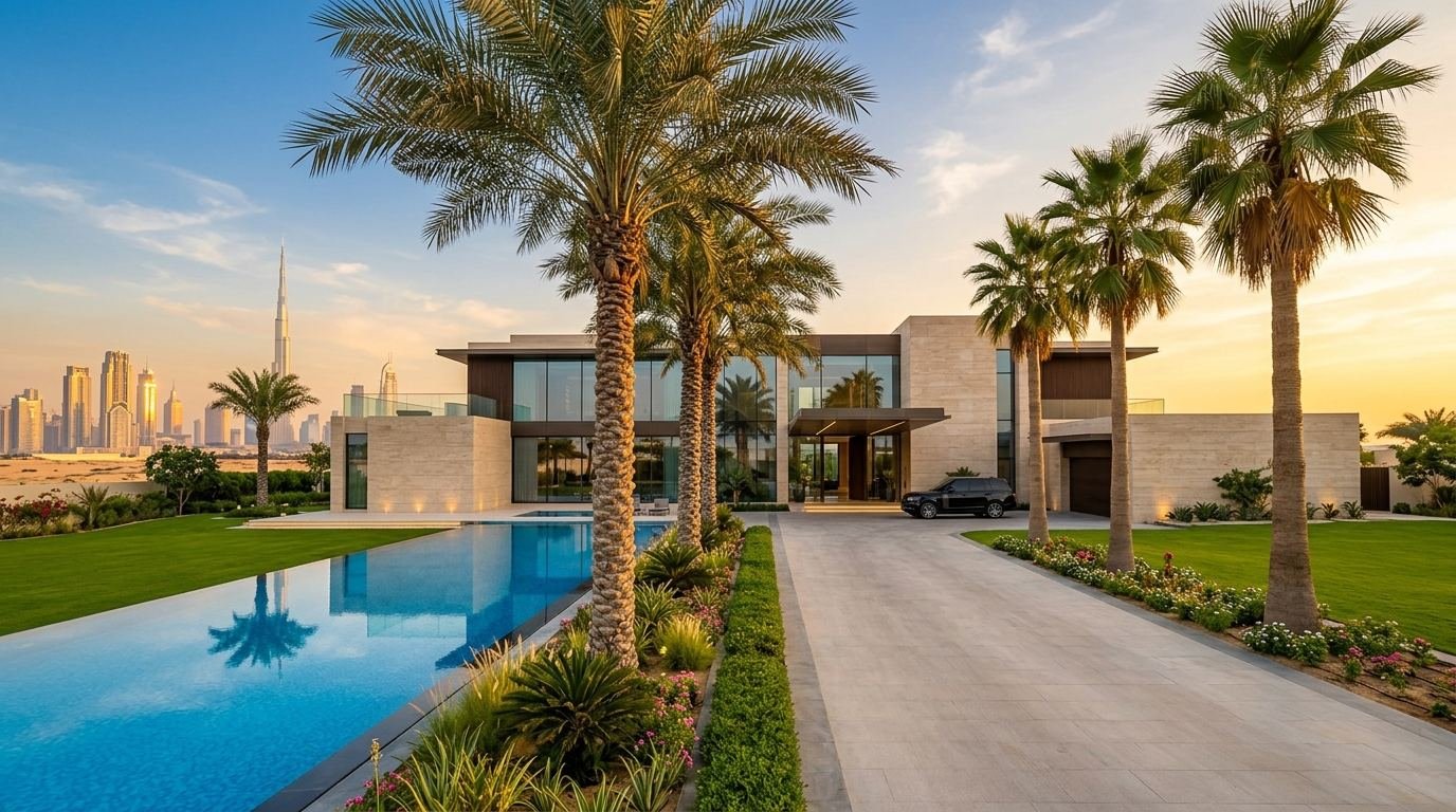 Mature palm trees installed at a luxury Dubai villa with Burj Khalifa skyline